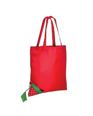 SHOPPER RIPIEGABILE A FORMA DI FRAGOLA IN POLIESTERE 190T, CON FOGLIA PERSONALIZZABILE