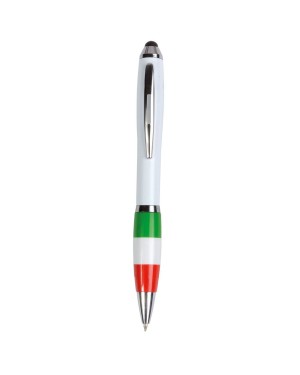 PENNA TWIST IN PLASTICA CON FUSTO BIANCO, IMPUGNATURA TRICOLORE E GOMMINO PER TOUCH SCREEN