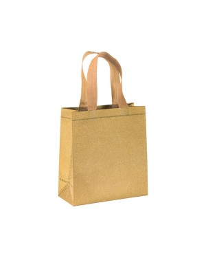 SHOPPER MINI CON SOFFIETTO IN TNT LAMINATO GLITTER 100 G/M2 TERMOSALDATO, MANICI CORTI