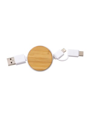 CAVO RETRATTILE IN BAMBù CON ADATTATORE USB-TYPE C/LIGHTNING/MICROUSB .